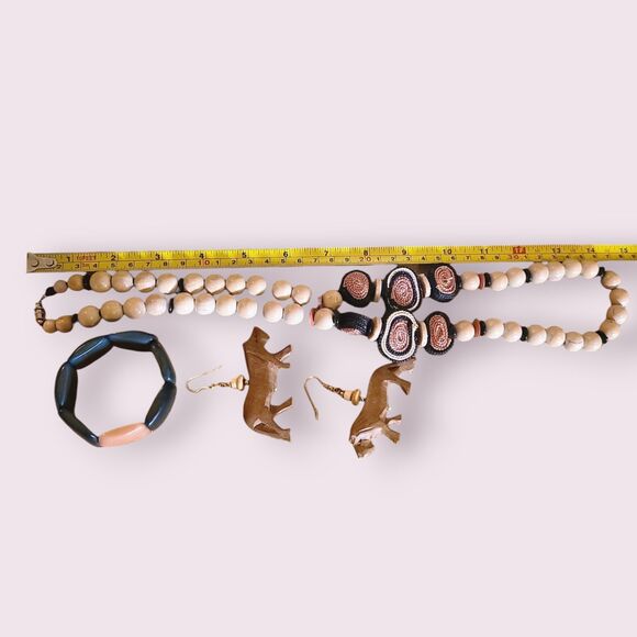 Set of 3- Wood Lion Earrings, Beaded Woven Necklace, Acrylic Stretch Bracelet - Picture 4 of 4